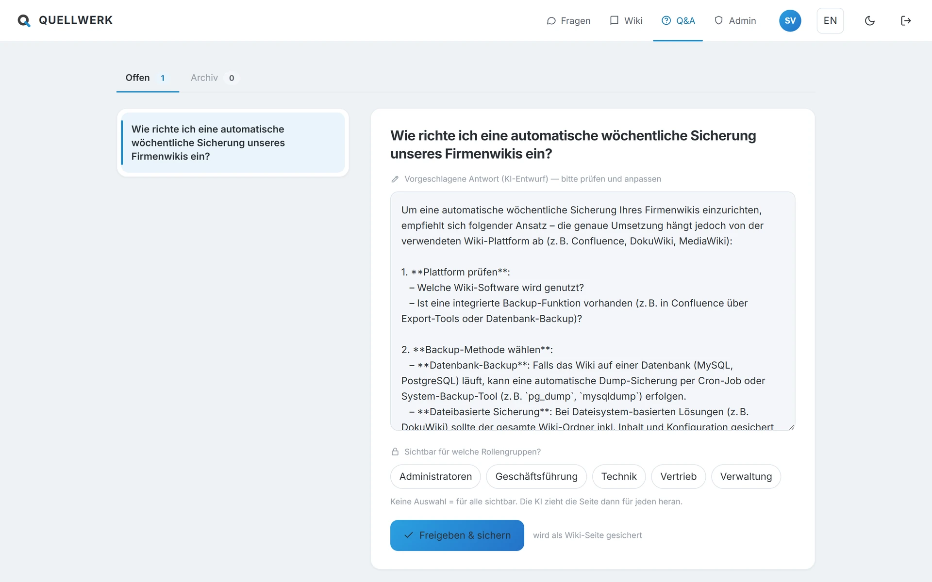 Mitarbeiter beantwortet eine der KI unbekannte Frage und erweitert damit das Wiki von Quellwerk KI