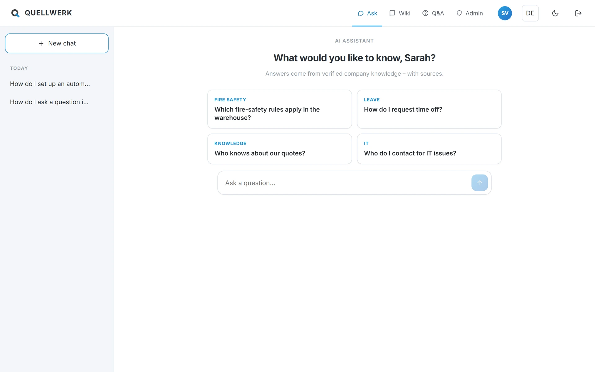 Chat con Quellwerk KI: l'utente chiede come utilizzare l'applicazione